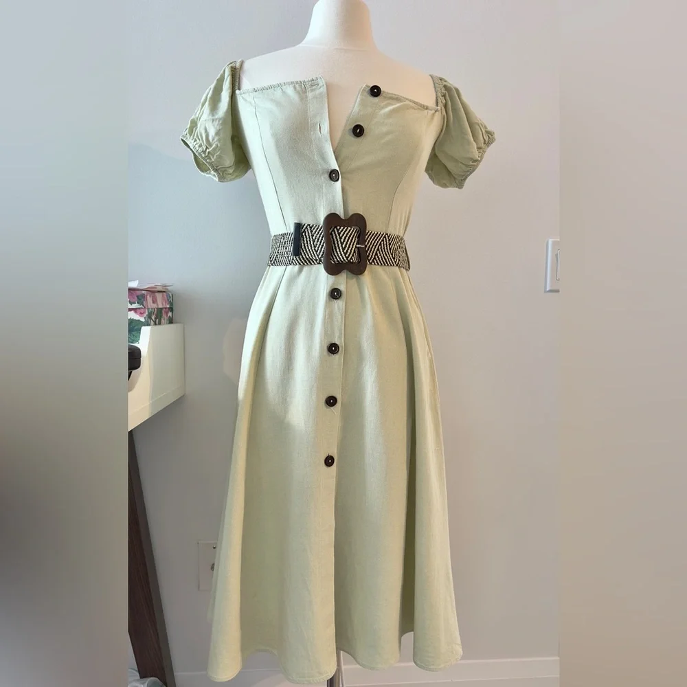 ZARA Linen Blend Midi Dress with Puff Sleeves Cottage core XS - Picture 4 of 9